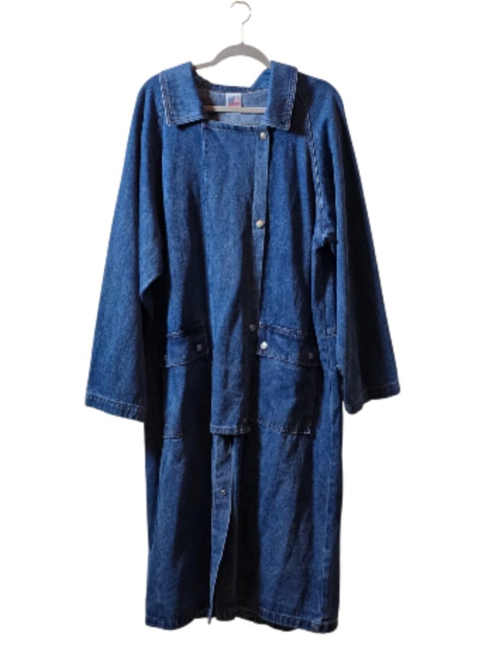 Vintage Made USA Denim Duster Coat XL Embroidered Eagle Americana Long Jacket